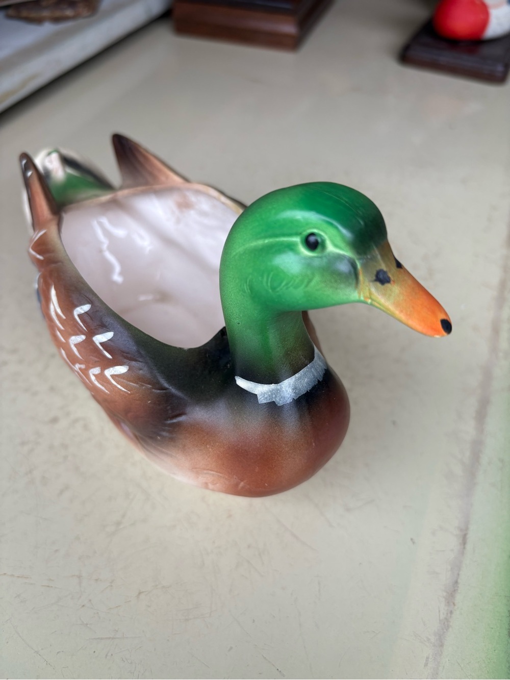 Vintage Napco Hand-Painted Green and Brown Mallard Duck Ceramic Planter